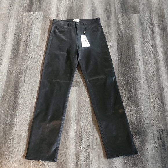 L'AGENCE Ginny High Rise Straight Leg Jeans Coated Noir Zipper Size 26 - Picture 4 of 6